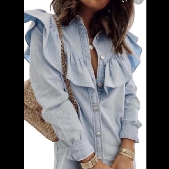 Zara ruffle denim shirt dress S - Picture 2 of 2